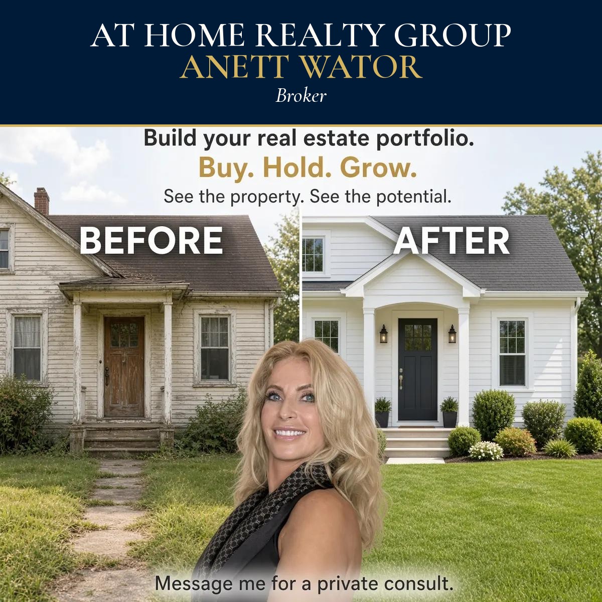 At Home Realty Group, Inc. Anett Wator, Broker. Build your real estate portfolio. Buy. Hold. Grow. See the property. See the potential. Message me for a private consult.
